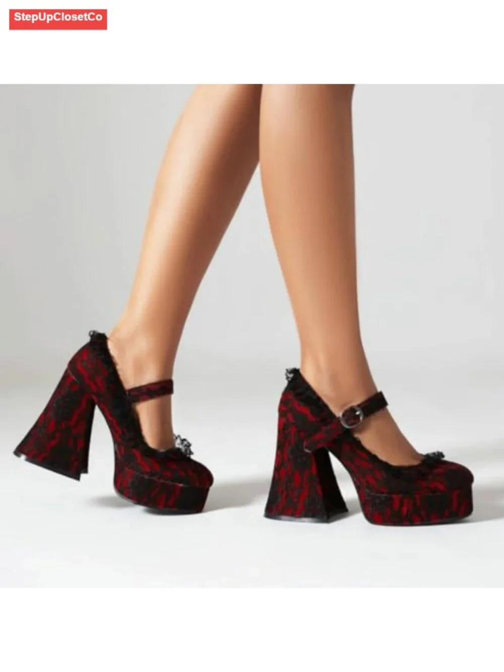 Goth Platform Mary Jane Heels Chunky High Heel Lace Flower Shoes Round Toe